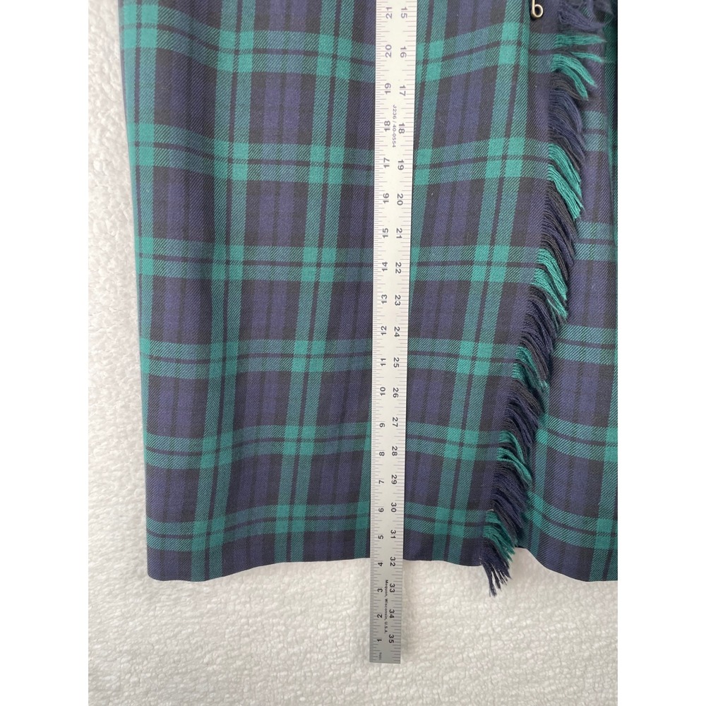 Rafaella Petites Wool Wrap Skirt Black Watch Plaid Fringed Midi Green Navy 12P - Picture 7 of 10